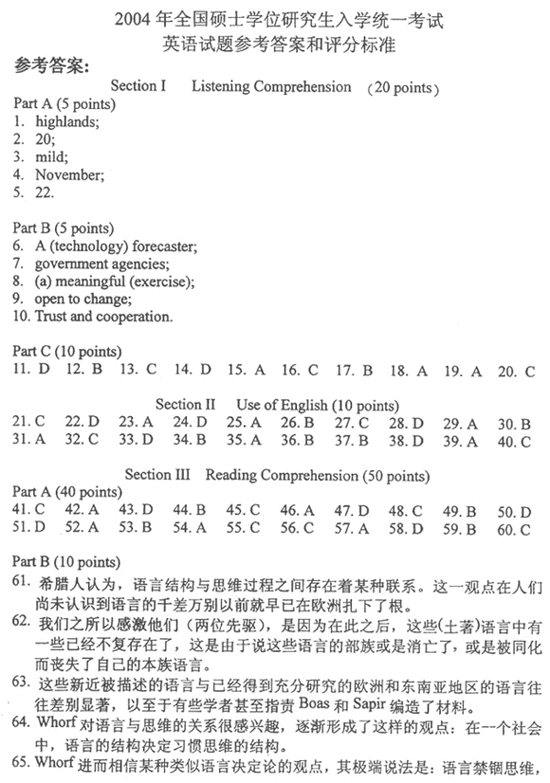 2004年全国硕士研究生入学考试英语试题及答案