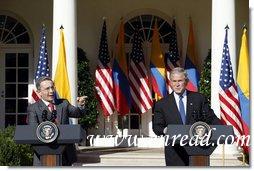 President Bush and President Uribe of the Republic of Colombia Participate in Jo